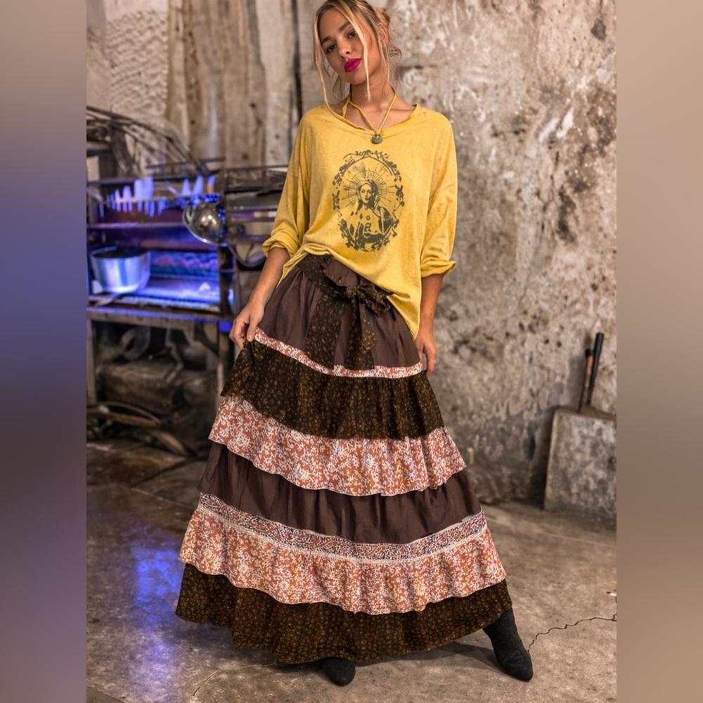 Hand Crafted Tiered Maxi Skirt - Brown & Pink Floral Panels